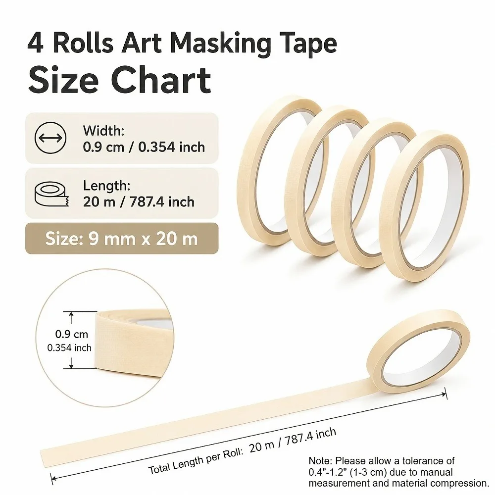 Beige Art Masking Tape 4 Rolls Set, 0.35in x 787.4in, Thin Narrow Writable Tape for Gouache Painting, Fine Masking