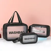 1pc Pu Transparent Three Piece Makeup And Toiletries Bag, Large Capacity Pvc Semi Transparent Frosted Portable Storage Bag 2