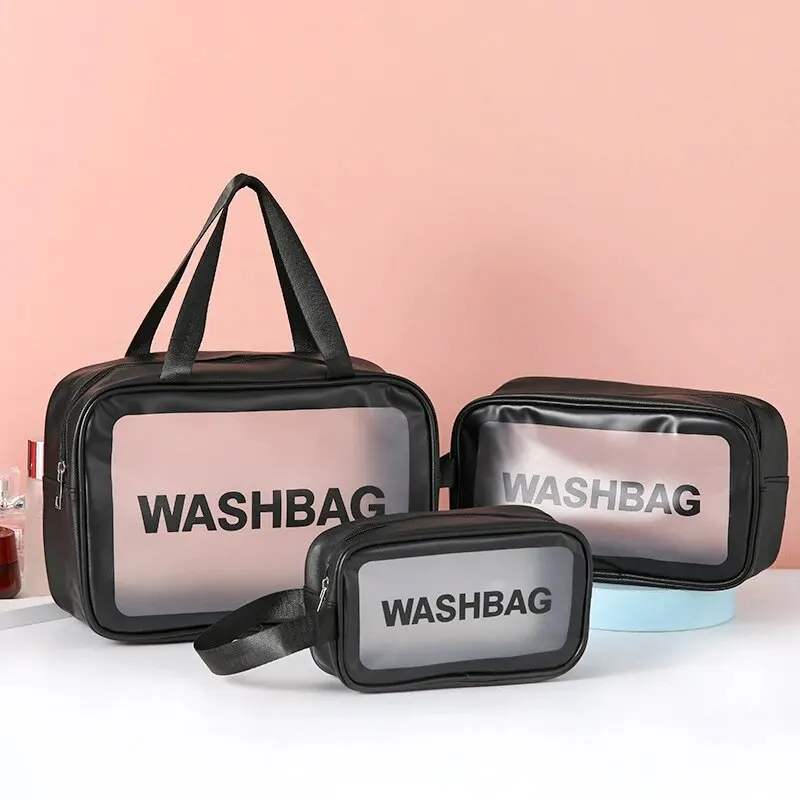 1pc Pu Transparent Three Piece Makeup And Toiletries Bag, Large Capacity Pvc Semi Transparent Frosted Portable Storage Bag