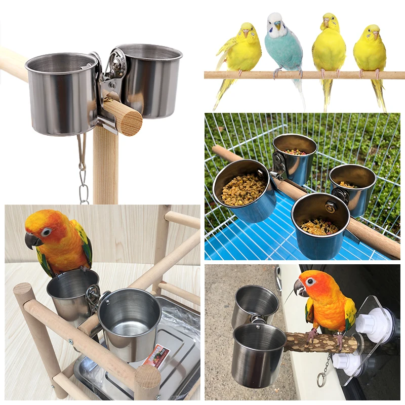 Bird Feeding Double Cups with Clip Stainless Steel Bird Feeder Box Parrot Cage Stand Feeder Cups Bowls For Food Water Feeding