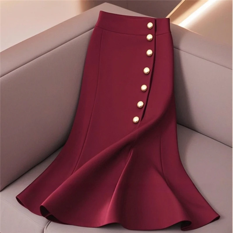 

Элегантная однобортная красная облегающая юбка-миди с высокой талией, роскошные облегающие офисные женские юбки с высокой талией, модная весна-осень