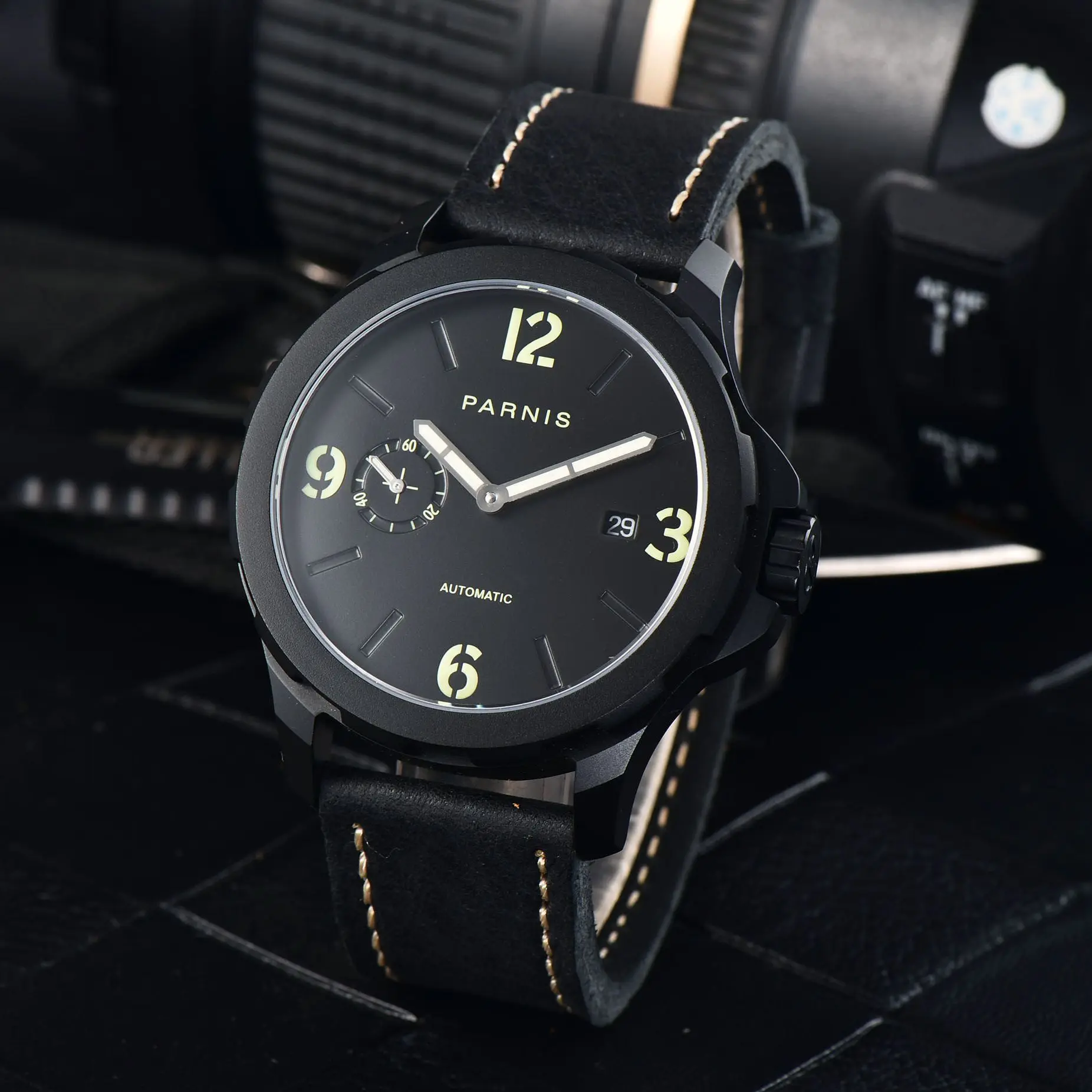 Fashion Parnis 44mm Full Black Automatic Mechanical Men Watch Leather Strap Calendar Men's Sports Watches relojes para hombre