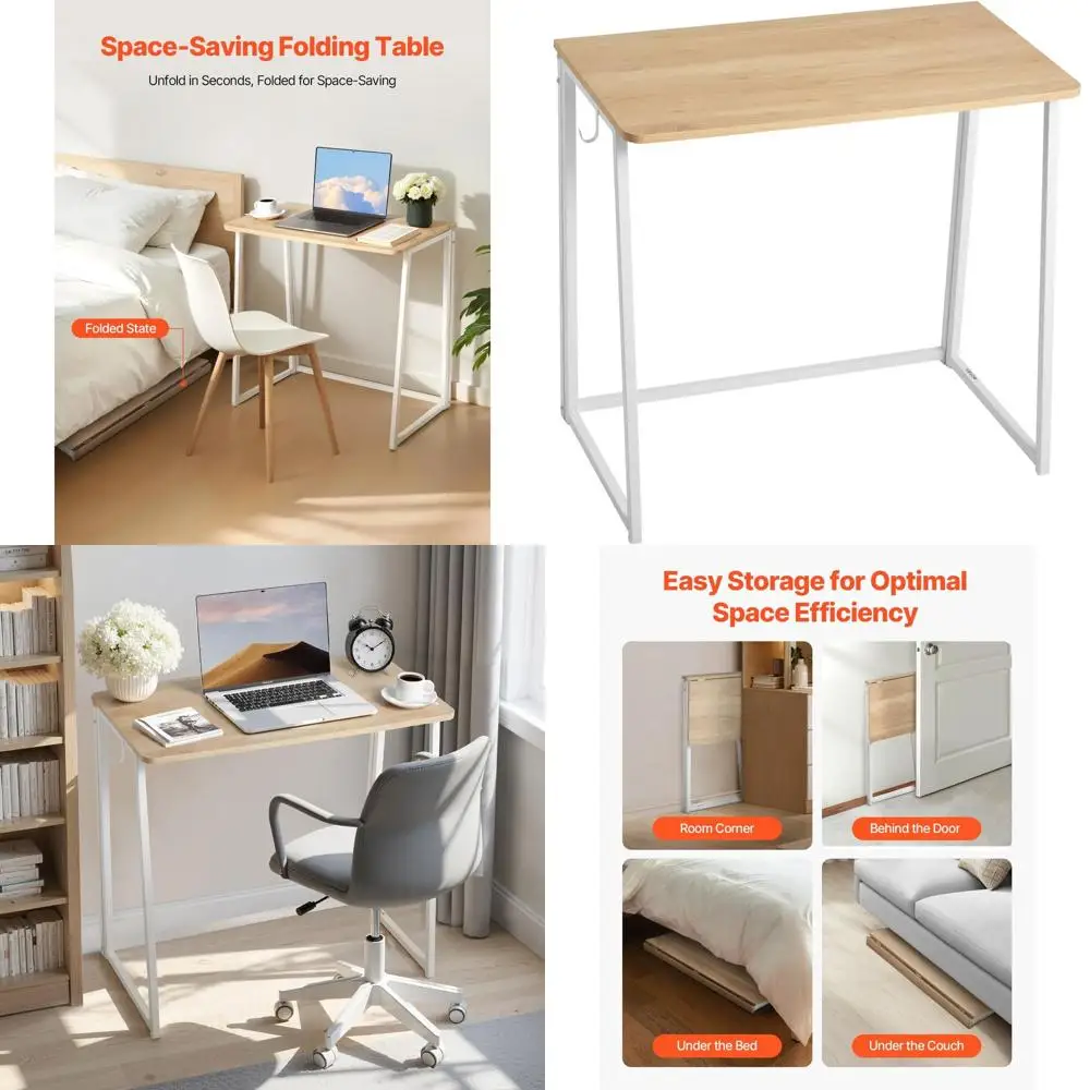 

Compact 31.5 Oak Folding Desk with Storage Hooks for Home Office and Small Spaces, Easy Assembly