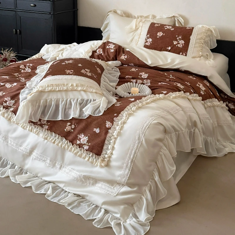 French romantic lace all cotton long staple cotton 4-piece set retro floral pure cotton duvet cover bed sheet premium bedding