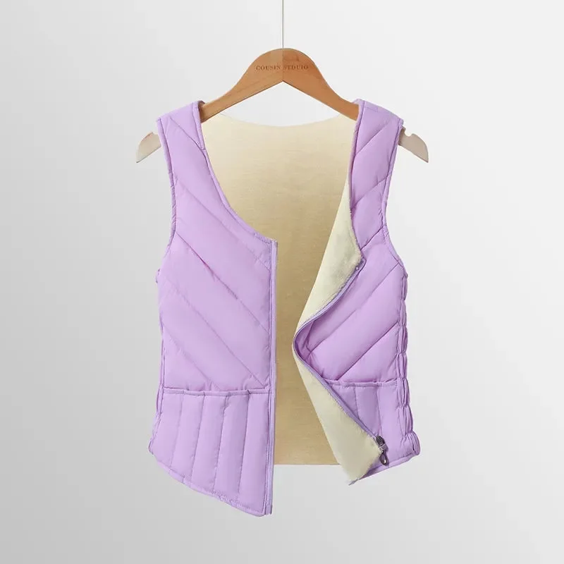 

2025 New Women Fleece Vests Autumn Ultra-light Sleeveless Jacket Winter Cotton Padded Lambswool Warm Elastic Waistcoat Female