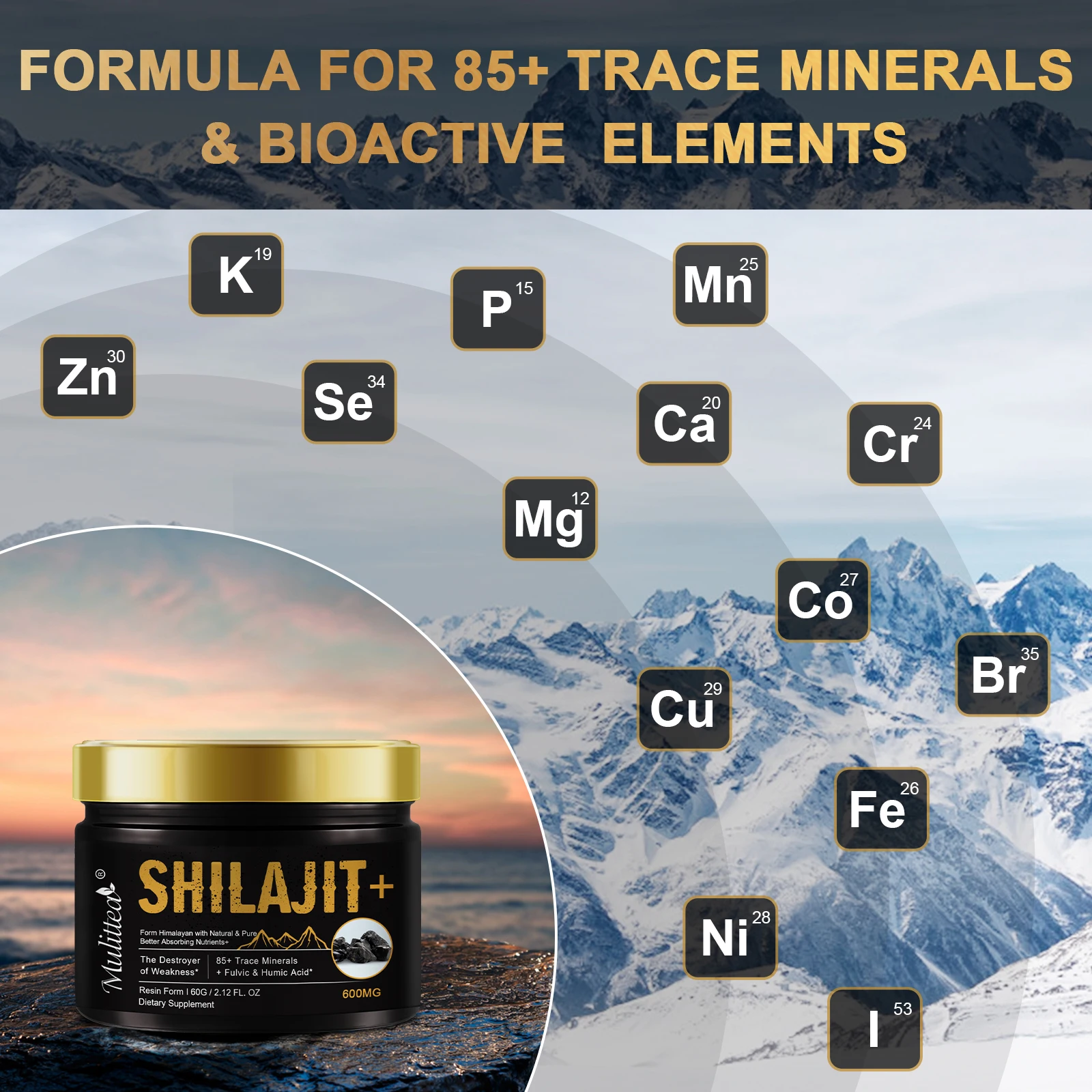 Mulittea Oryginalne suplementy mineralne Shilajit o wysokiej czystości z 85+ śladowymi minerałami i kwasem pełnotowym dla wytrzymałości energetycznej człowieka