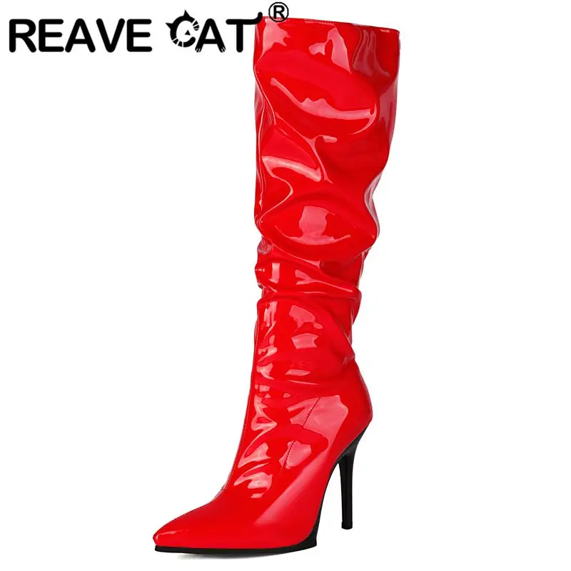 

REAVE CAT Shiny Women Knee High Boots Pointed Toe 11cm Stiletto Zipper Pleated Plus Size 40 41 Banquet Party Tall Tube Bota Red