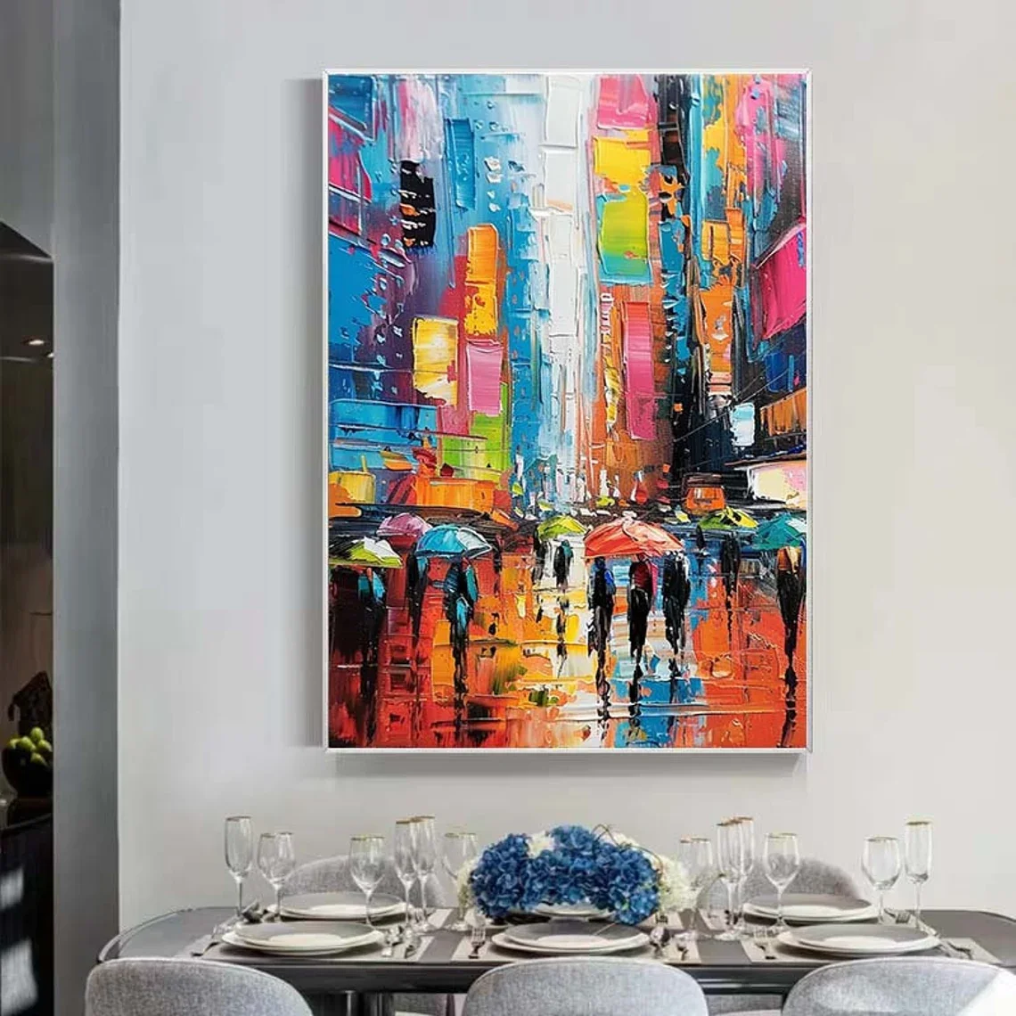 Original Custom Urban Painting, Abstract Colorful Cityscape Oil Painting on Canvas, Modern Living Room Wall Decor, Large Texture