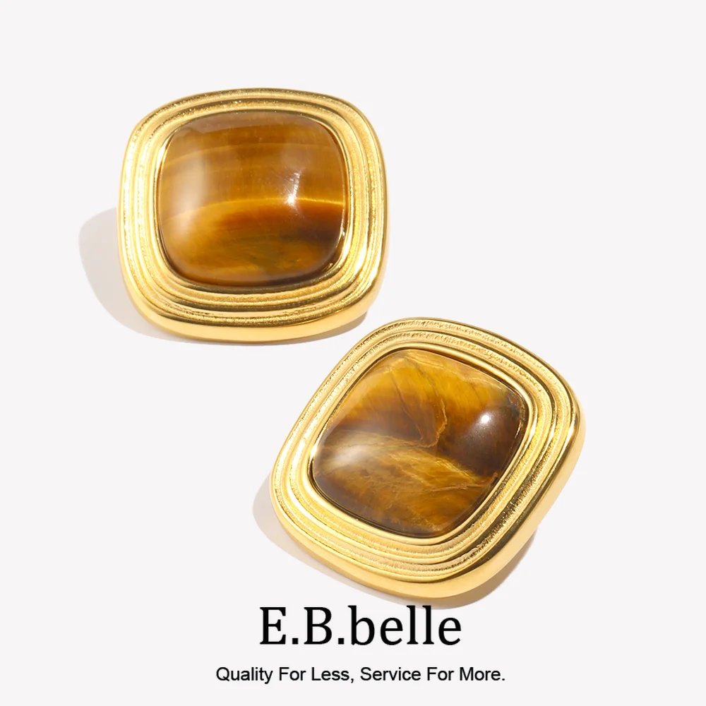 E.B.belle Vintage-Stil, quadratisch, Tigerauge, Stein, Ohrstecker für Damen, Edelstahl, Urlaub, Strand, Party, Ohrschmuck