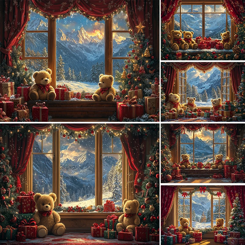 

LS Photography Background Winter Christmas Indoor Bear Window Xmas Tree Gifts Kids Family Portrait Decor Backdrop Photo Studio