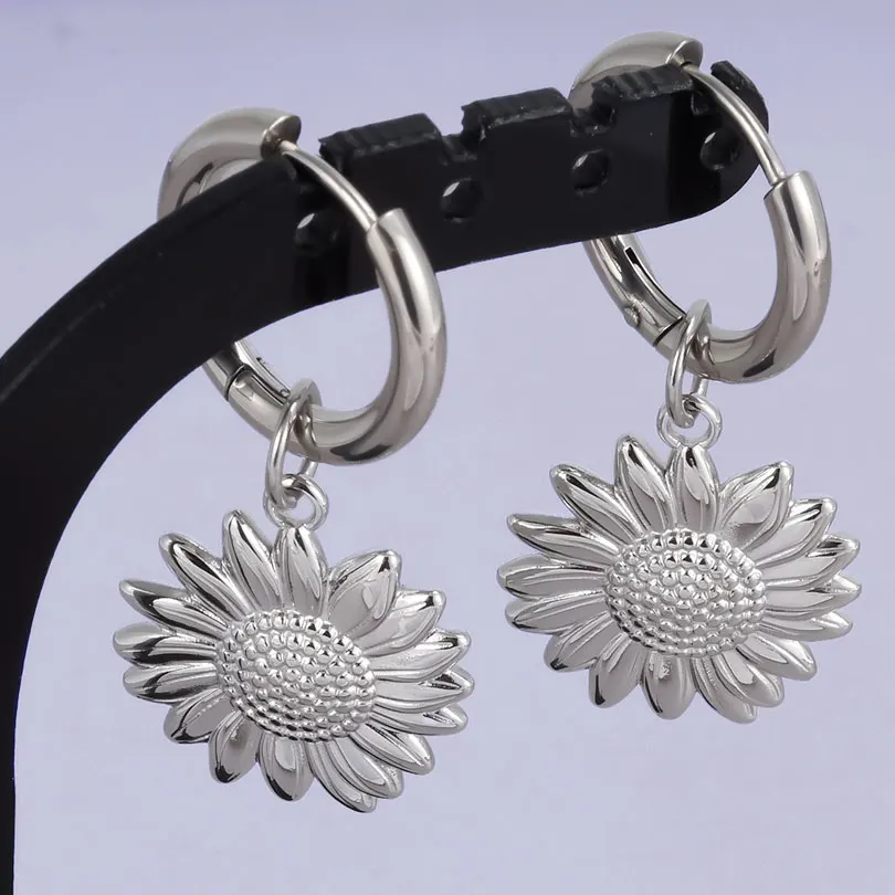 1pair Silver Color Love Heart Bowknot Charm Earring Stainless Steel Hoops Earrings For Women Men Accessories Sunflower Jewelry