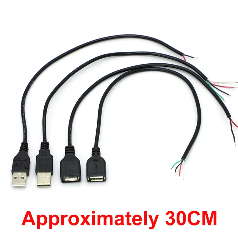 Kabel catu daya USB 0.3m/1m 5V, konektor ekstensi pengisi daya kawat 4 Pin Jack USB 2.0 A Female pria