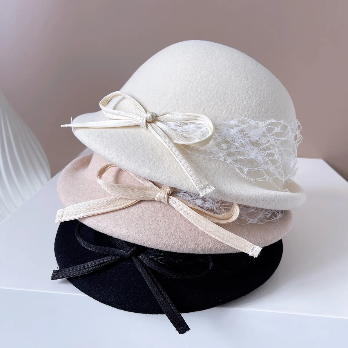 Australian wool lace top hat French vintage beret Fashion elegant silk hemp bow felt hat women\'s party accessories