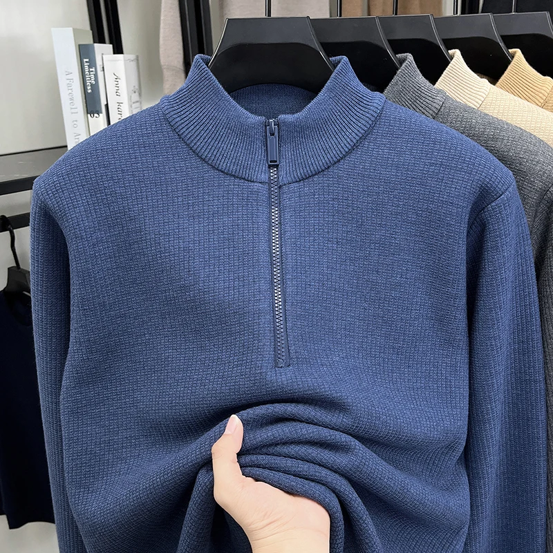 سترة رجالية عالية الجودة بنصف سحاب وياقة واقفة كاجوال فاخرة كلاسيكية بلون شتوي بلوفر متماسك سميك ودافئ #2