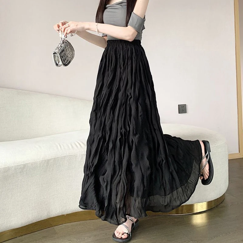 Style AU-unique pleat A-line high-wearing long skirt women's comfortable daily look SK0698