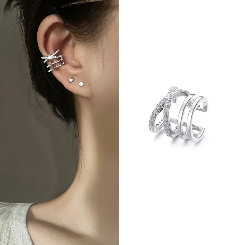 1-teilige mehrschichtige Ohrclips mit Kreuz und Zirkon für Damen, geometrische Ohrmanschette ohne Piercing-Schmuck