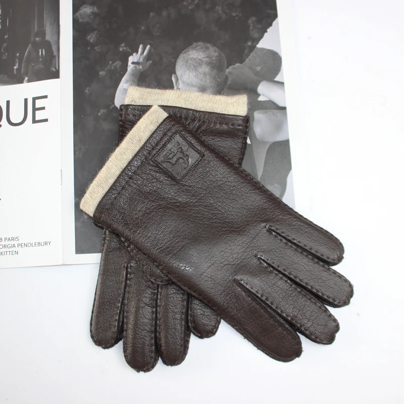 Men\'s Deerskin Gloves Classic Vintage Hand Sewn Made Warm Wool Knit Liner Driving Leather Gloves Autumn