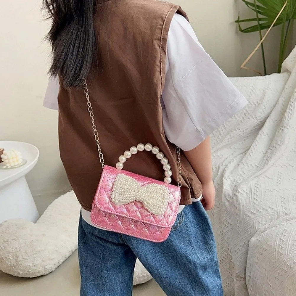 

Simple PU Leather Pearl Handbag Korean Style Solid Color Bow Crossbody Bag Mini Shoulder Bag Children Coin Purse Princess