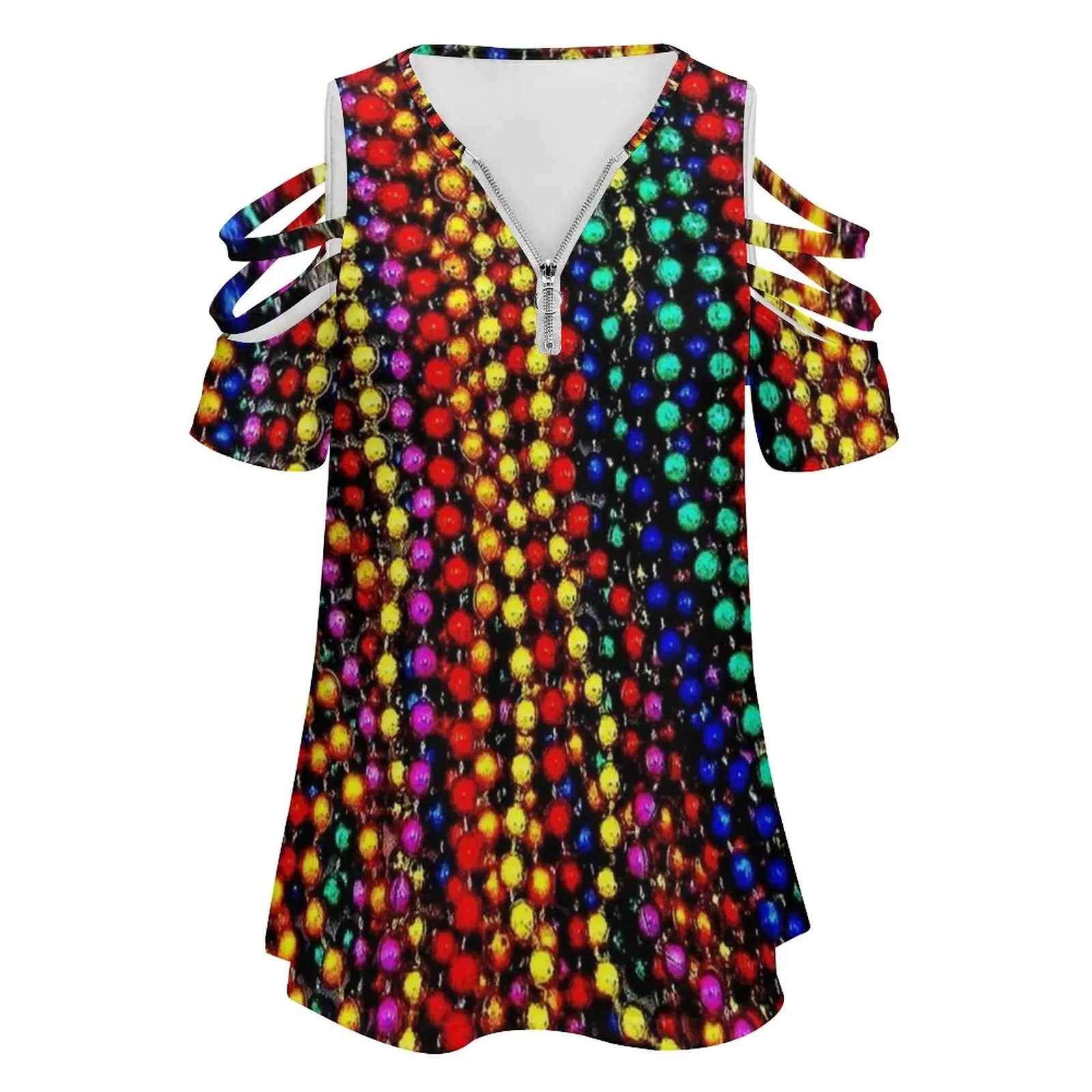 Mardi Gras : Colorful Beads Print Women'S T-Shirt New Fashion Printed Zipper V-Neck Short Sleeve T Shirts Casual Plus Size