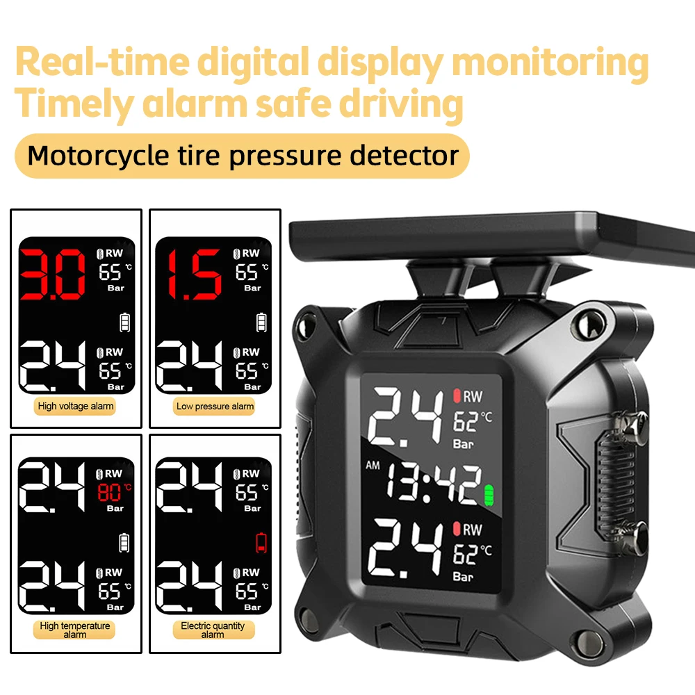 TPMS Solar Charging Tire Pressure Sensors Motorbike Tire Pressure Monitoring System Temperature Sensor Alarm System