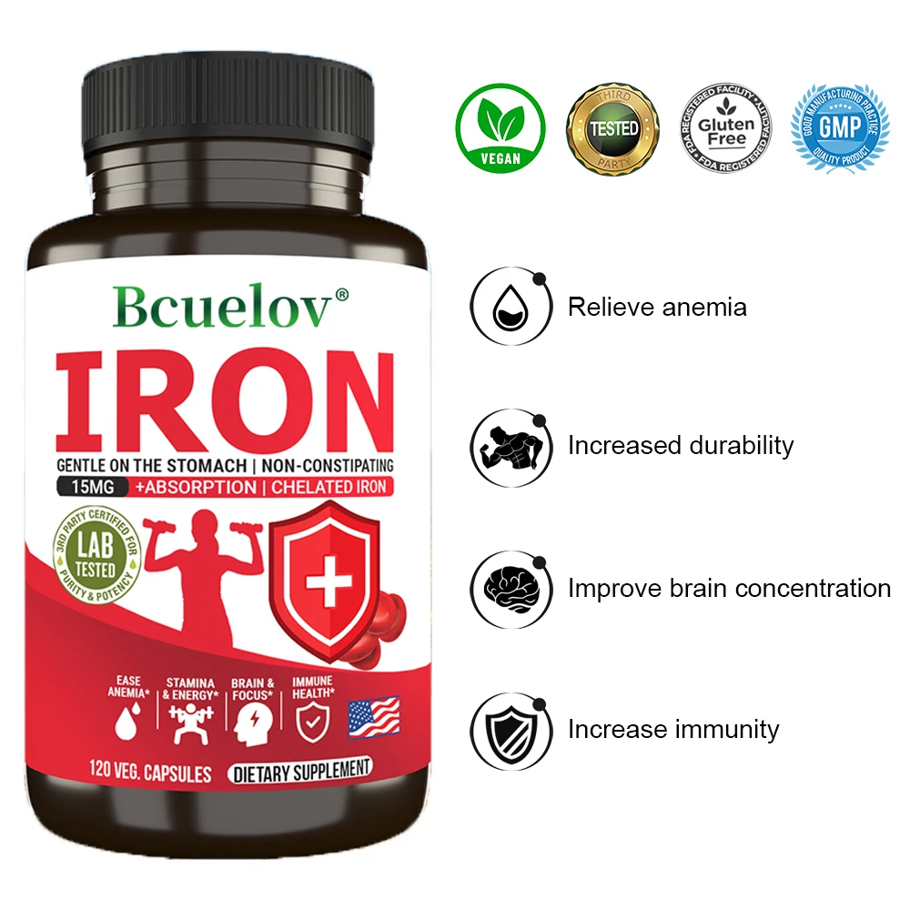 Bcuelov  Iron Supplement 15 Mg Chelated Fast Absorption Gentle Non-Constipating - Anemia