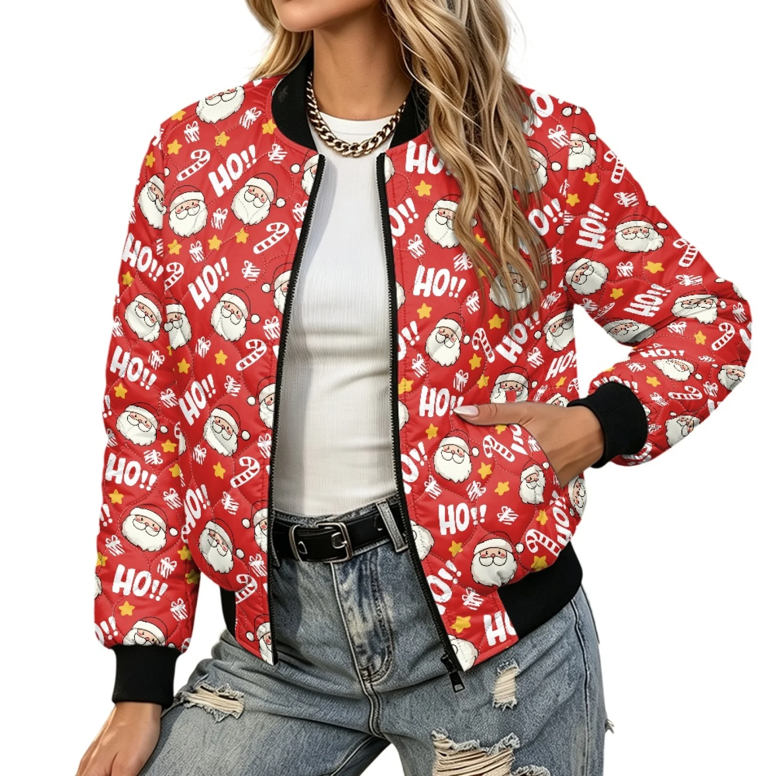 PENSTROLL Santa Claus Print Ladies Long Sleeve Quilted Zipper Padded Bomber Coat Windproof Quilted Barn Jackets for Daily Wear