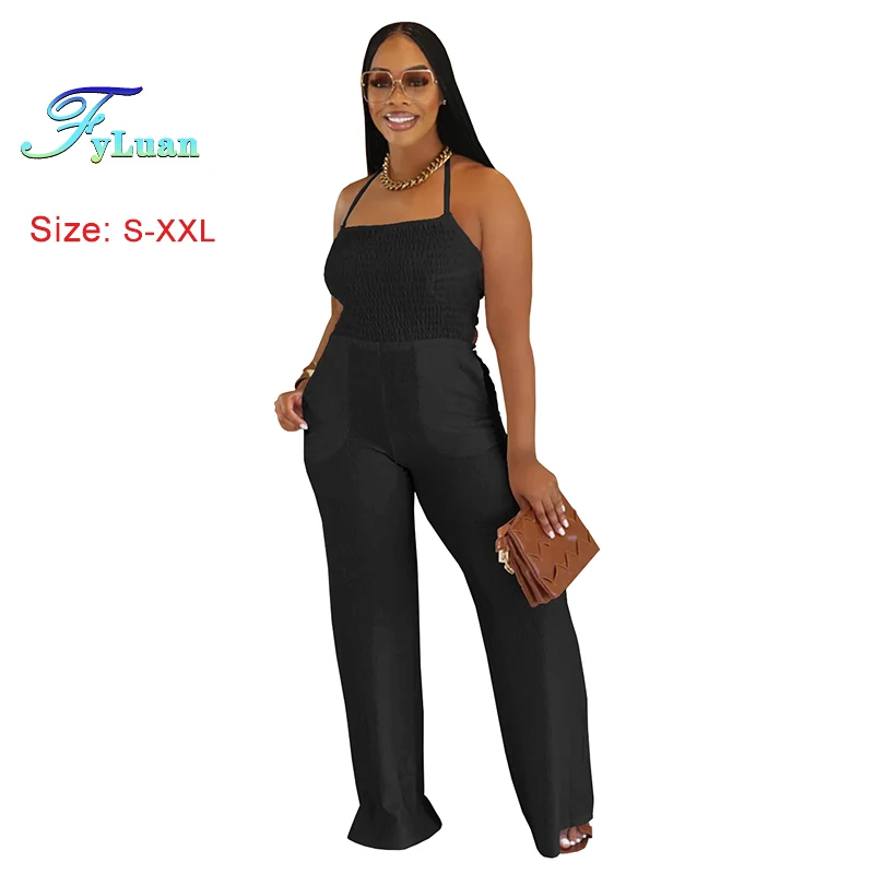 

2025 New European Style Women‘s Jumpsuit Fashion Solid Color Sleeveless Backless Romper Pants Casual One-Piece Wide Legs Pants