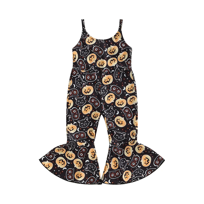 Kid Girls Jumpsuit Spaghetti Straps Pumpkin Print Romper Casual Halloween Costume