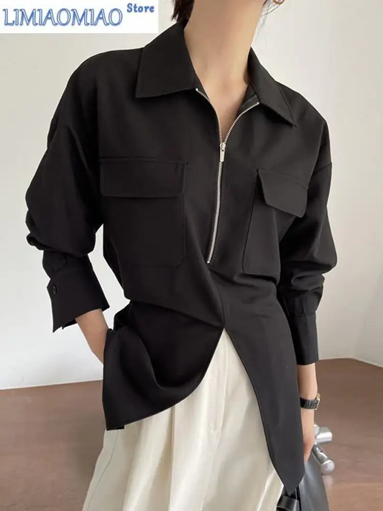 Women White Zipper Pocket Back Bandage Blouse New Lapel Long Sleeve Loose Fit Shirt Fashion Spring Autumn