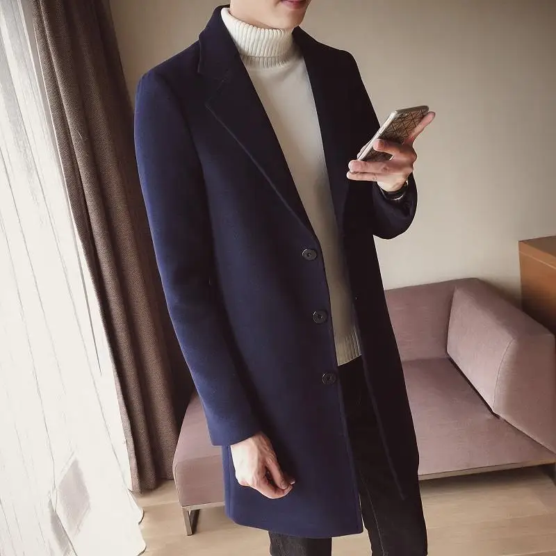 

New Arrival Men's Autumn Winter Wool Coat Korean Style Slim Fit Medium Long Stylish Casual Windbreaker