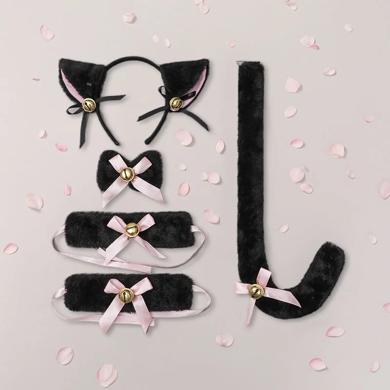 섹시한 플러시 칼라 팔찌 꼬리 5개 세트 귀여운 소녀 고양이 귀 머리띠 롤플레이 액세서리 태슬 헤드드레스 드레스업 세트