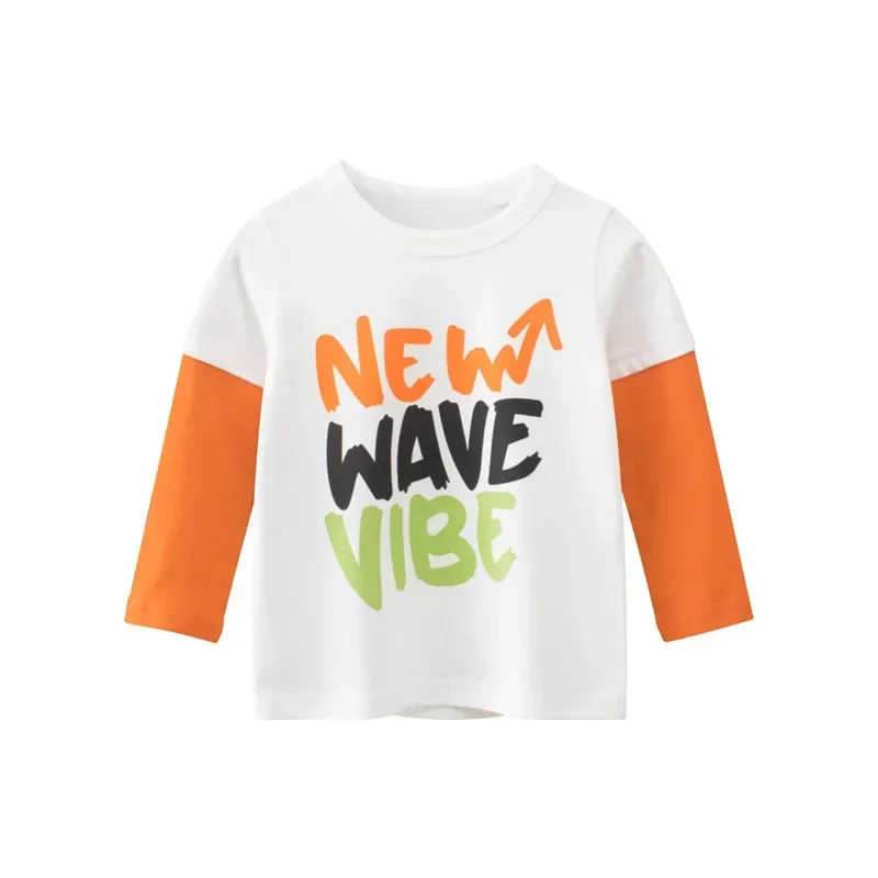 Fake Two Cotton T Shirt Boys 2025 Spring Autumn New Fashion Letter Print Top Kids Active Long Sleeve Tee Shirts Children