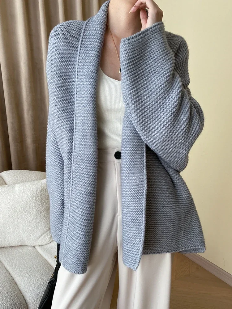 Knitted Cardigan Sweater Loose Lace Up Waist Retraction Oversized Cardigan Autumn New Grey Warm Fashion Coats for Women 2024