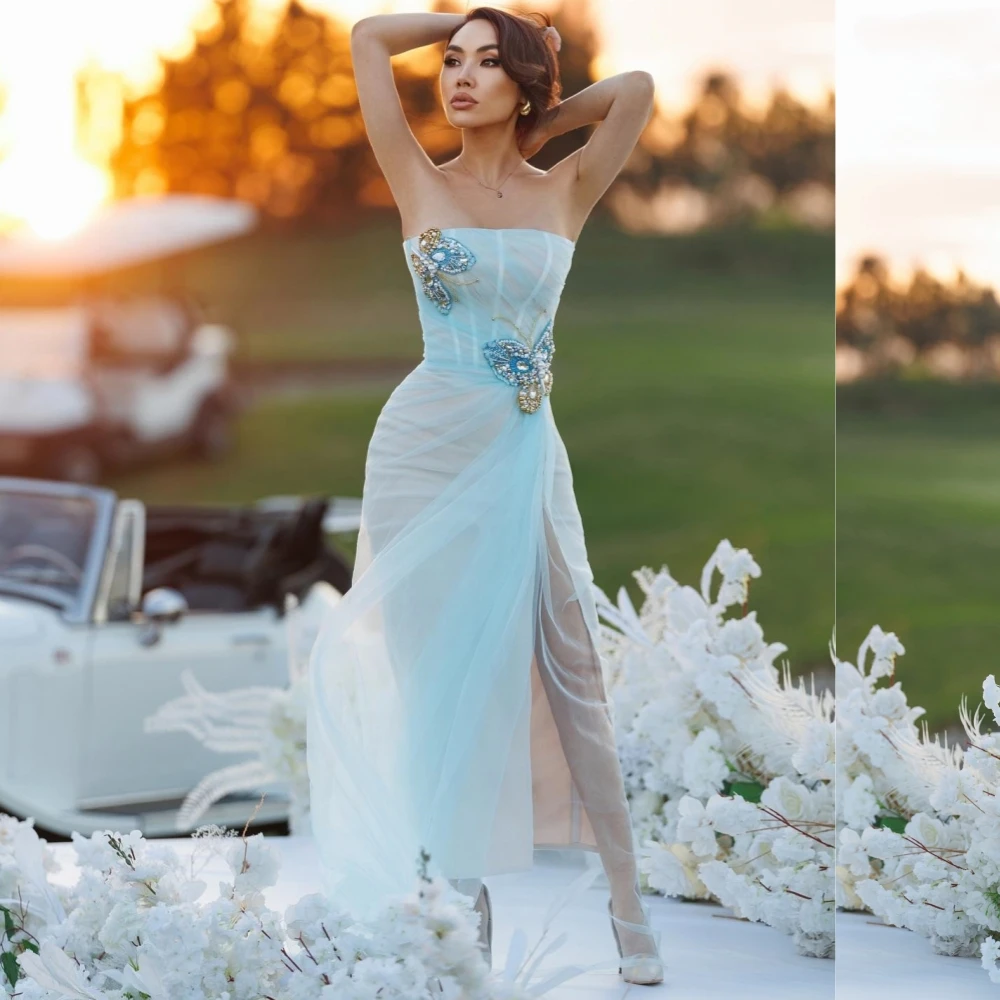 Tulle Sequined Pattern Engagement A-line Strapless Bespoke Occasion Gown Midi Dresses