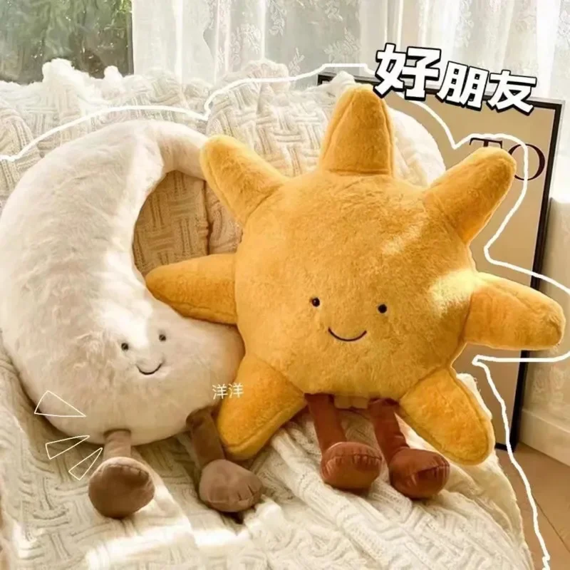 Adorable Smile White Moon Yellow Sun Plushie Pillow Cute Cartoon Weather Plush Toy For Kid Bedroom Decor Sofa Throw Pillow