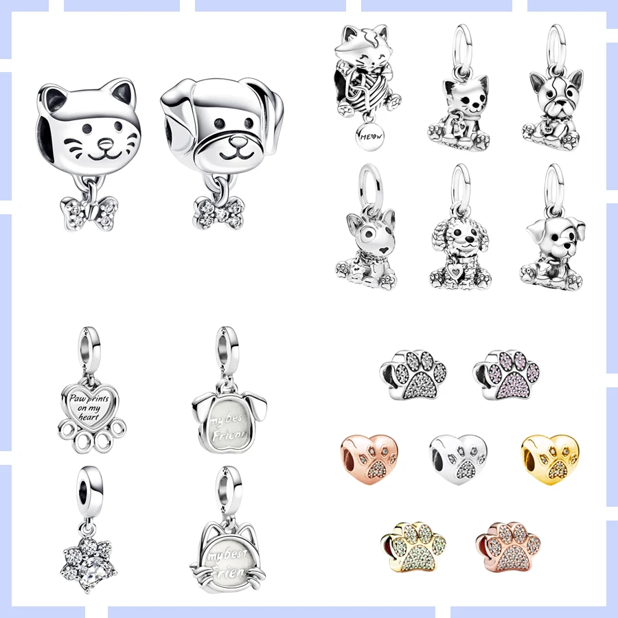 Hot Sale Sparkling Charms Pet Cat & Dog Pet Paw Print Beads Fit Original Bracelets Necklace Accessories DIY Women Jewelry Gifts