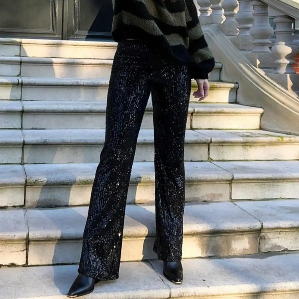 Women Pants Mid-rise Solid Color Sparkling Sequins Casual Trousers Wide Leg Stage Dance Pants Night Club Party Wear 여자 바지