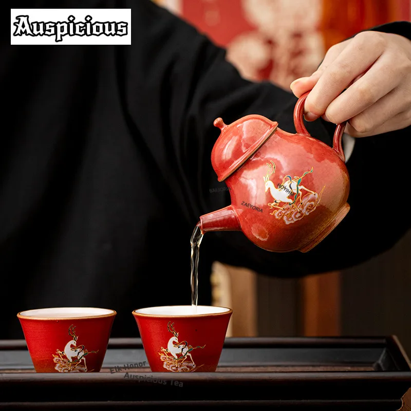 Forbidden City Red Auspicious Crane Travel Tea Set Kit Handmade 1 Pot 3/4 Cups Tea Brewing Organizer Portable Picnic Tote Bag