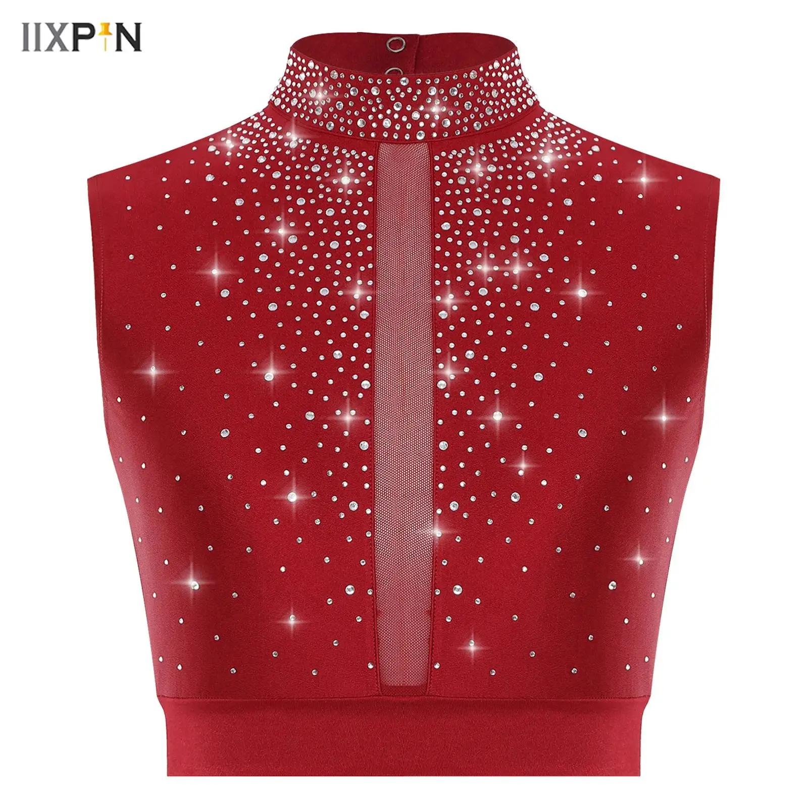 

Women Contemporary Lyrical Dance Top Mock Neck Sleeveless Keyhole Back Shiny Rhinestones Tank Crop Top Ballet Figure Skating Top