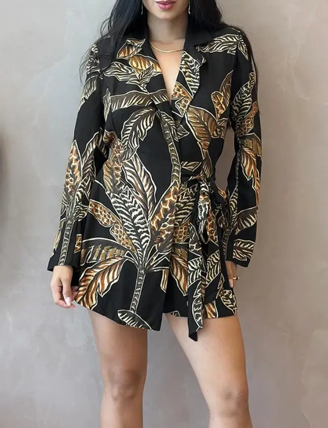 

2025 New Ladies' Tropical Printed Lapel Collar Romper with Long Sleeves, Belted Waist, Tied Detail,Elegant and Trendy