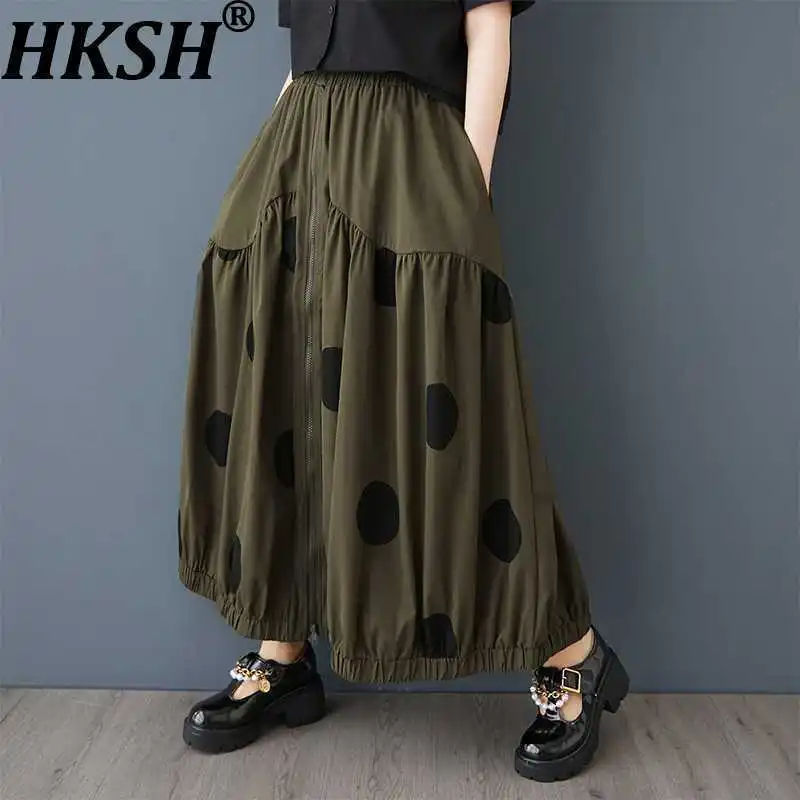 Spódnica damska HKSH na wiosnę i jesień, w kropki, z elastyczną talią, zapinana na zamek, plisowana, elegancka, szykowna, codzienna, oversize, model HK13769