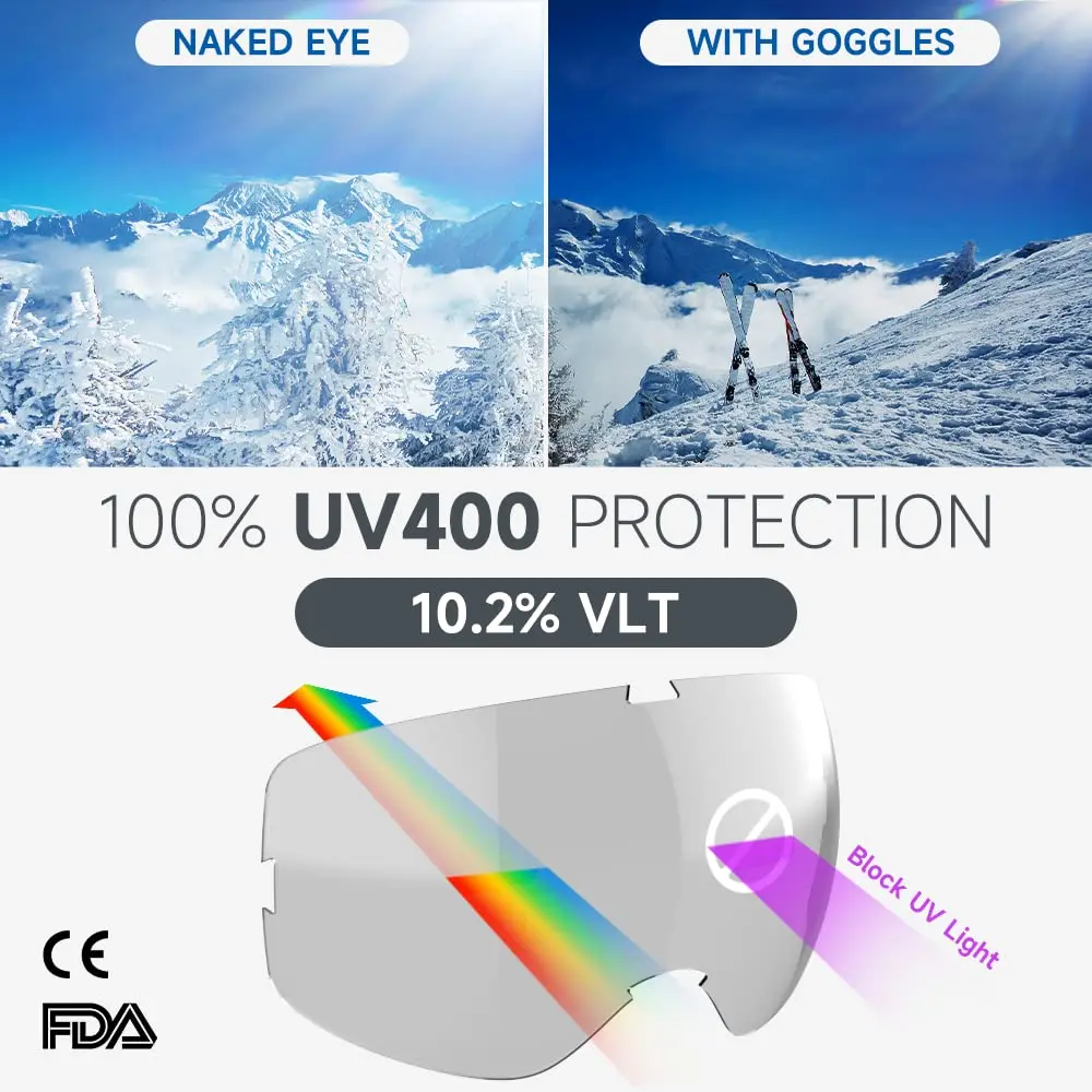 Adults  Ski Goggles Snowboard Goggles for Men Women Youth,Over Glasses OTG/100% UV Protection/Anti-fog/Wide Vision