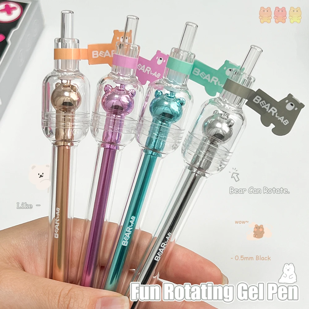 

4 Pcs Fun Bear Rotating Gel Pen 0.5mm Creative Holographic Quick-Drying Pen Cute Animal Black Pen For Study & Office Use