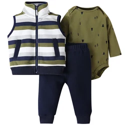 3PCS Spring Autumn Toddler Boy Clothing Casual Fashion Stripe Vest+Bodysuit+Pants Newborn Baby Clothes Outfit Kids Costume BC370