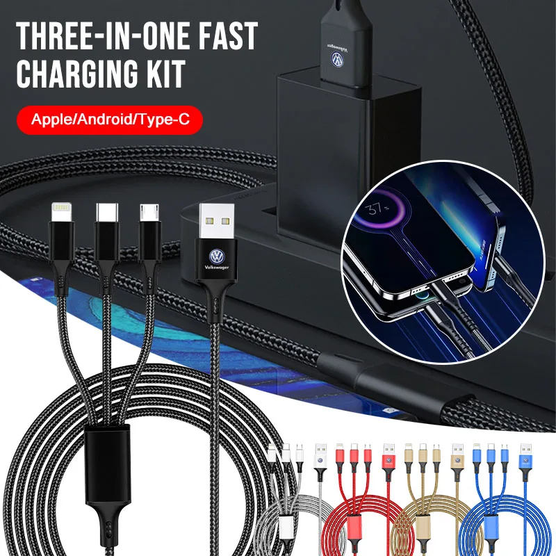 

3 in 1 Type C Lightning Micro USB Car Fast Charging Cable Emblem for VW CC Polo 6R Golf 4 5 6 MK7 MK4 MK6 Passat Tiguan Emblems
