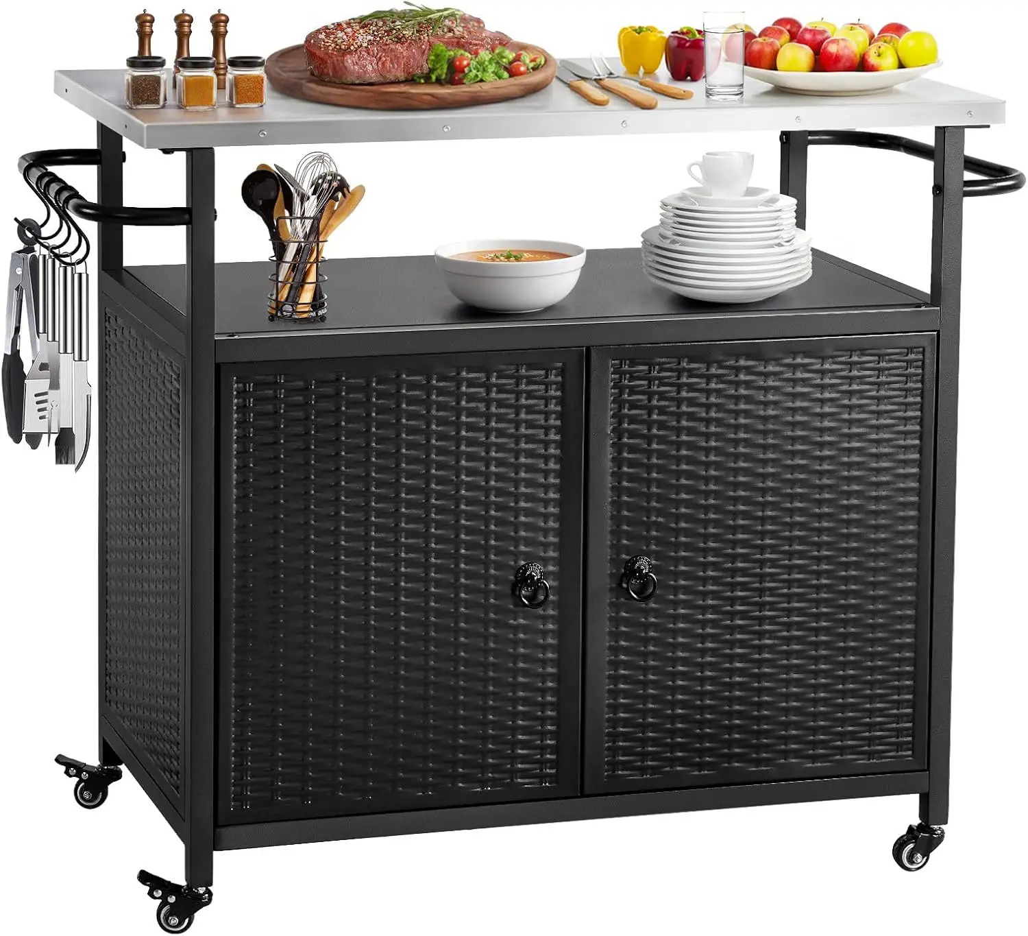 Cart with Storage, Outdoor Bar Cart with Wheels, Kitchen Island Cart with Stainless Steel Top for BBQ, Patio, Backyard