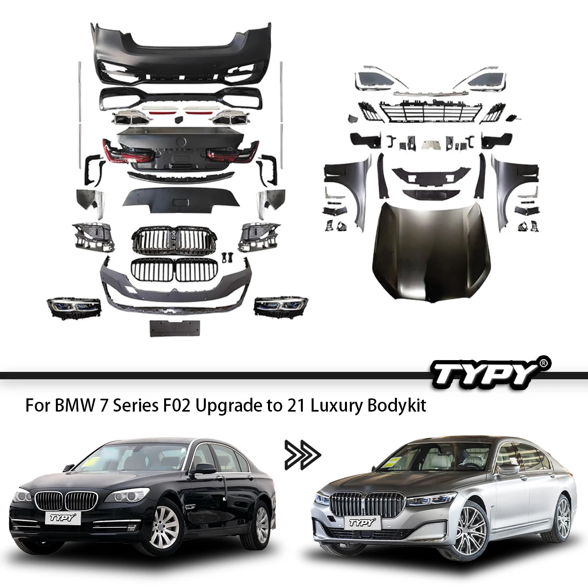 TYPY Car Kit for BMW 7 Series F02 2009-2014 Upgrade 2021 Luxury Front and Rear Bumper Headlight Taillight