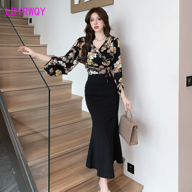 

French Fashion Set Skirt Women's Early Autumn New Style Temperament Celebrity Fishtail Skirt Two Piece Set