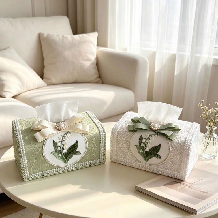 For White simple and cute coffee table tissue box Lily of the Valley embroidery bedroom coffee table pumping carton