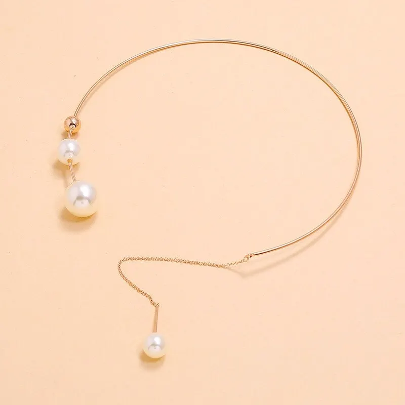 1pcs Gold-color Collar Women Models Fashion Trend Wind Elegant White Imitation-Pearl Tassel Chain Exaggerated Jewelry